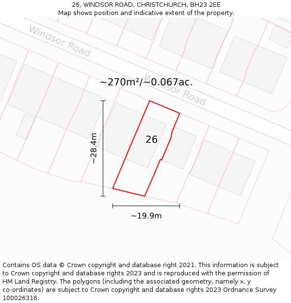 26, WINDSOR ROAD, CHRISTCHURCH, BH23 2EE: Plot and title map