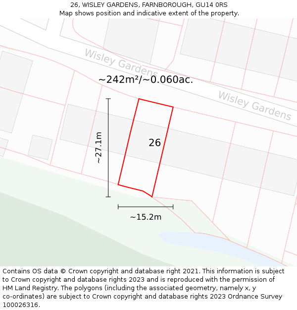 26, WISLEY GARDENS, FARNBOROUGH, GU14 0RS: Plot and title map