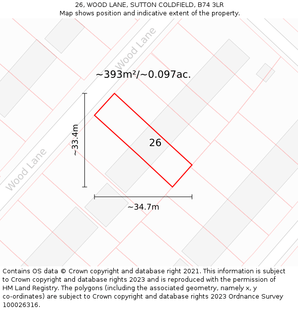 26, WOOD LANE, SUTTON COLDFIELD, B74 3LR: Plot and title map