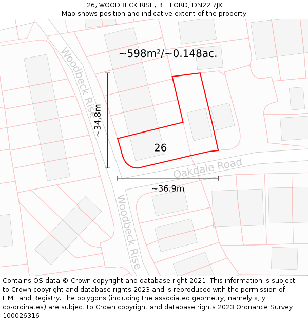 26, WOODBECK RISE, RETFORD, DN22 7JX: Plot and title map