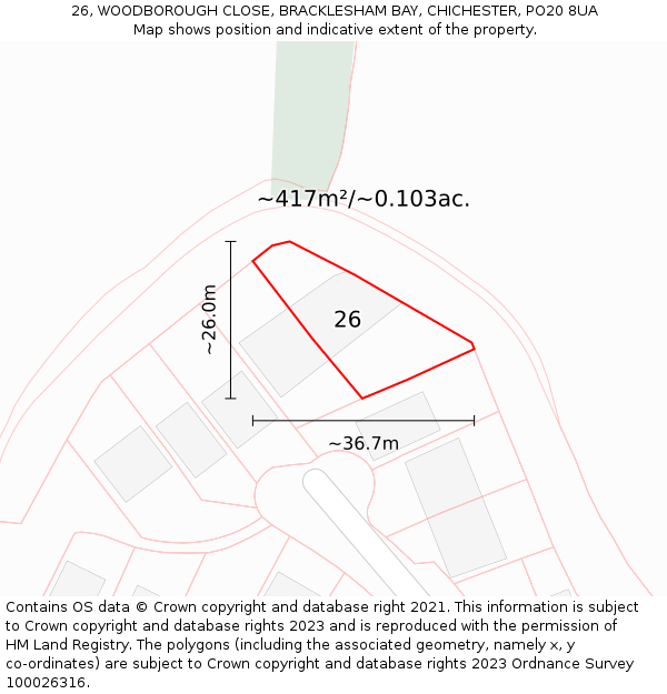 26, WOODBOROUGH CLOSE, BRACKLESHAM BAY, CHICHESTER, PO20 8UA: Plot and title map