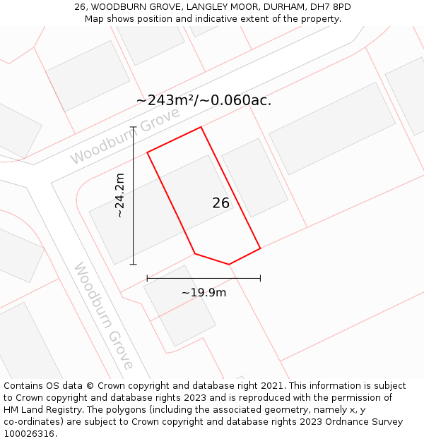 26, WOODBURN GROVE, LANGLEY MOOR, DURHAM, DH7 8PD: Plot and title map