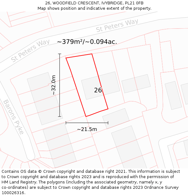 26, WOODFIELD CRESCENT, IVYBRIDGE, PL21 0FB: Plot and title map