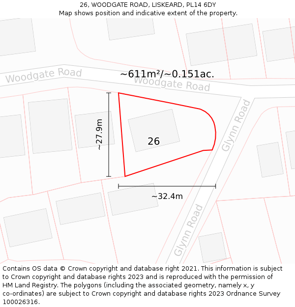 26, WOODGATE ROAD, LISKEARD, PL14 6DY: Plot and title map