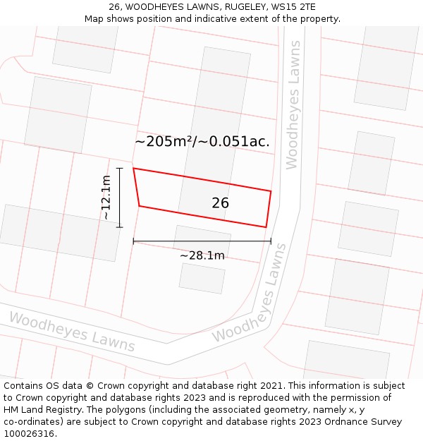 26, WOODHEYES LAWNS, RUGELEY, WS15 2TE: Plot and title map