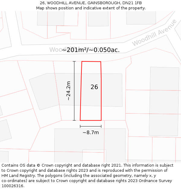 26, WOODHILL AVENUE, GAINSBOROUGH, DN21 1FB: Plot and title map