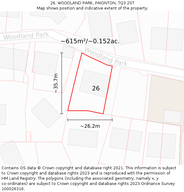 26, WOODLAND PARK, PAIGNTON, TQ3 2ST: Plot and title map