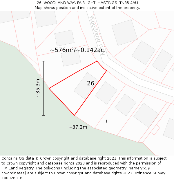 26, WOODLAND WAY, FAIRLIGHT, HASTINGS, TN35 4AU: Plot and title map