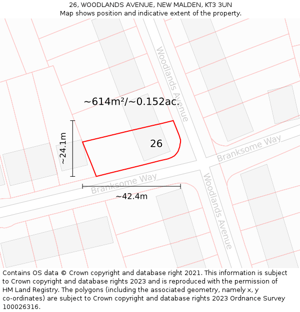 26, WOODLANDS AVENUE, NEW MALDEN, KT3 3UN: Plot and title map