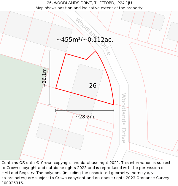 26, WOODLANDS DRIVE, THETFORD, IP24 1JU: Plot and title map