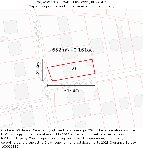 26, WOODSIDE ROAD, FERNDOWN, BH22 9LD: Plot and title map