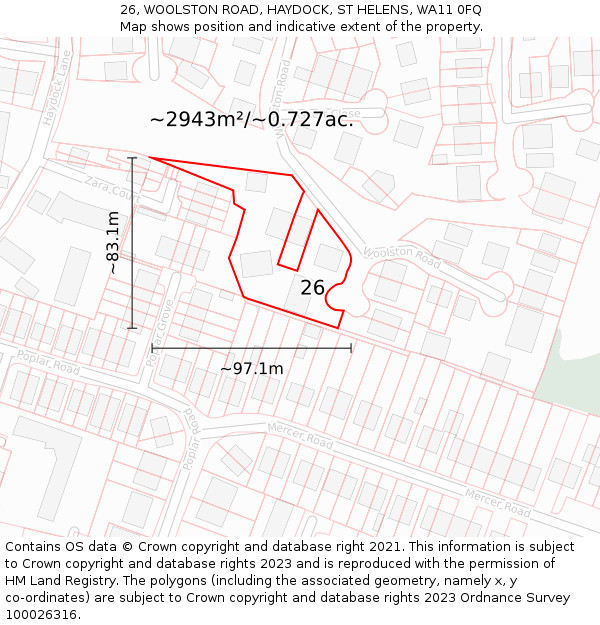 26, WOOLSTON ROAD, HAYDOCK, ST HELENS, WA11 0FQ: Plot and title map
