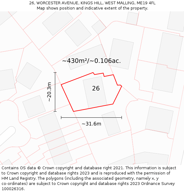 26, WORCESTER AVENUE, KINGS HILL, WEST MALLING, ME19 4FL: Plot and title map