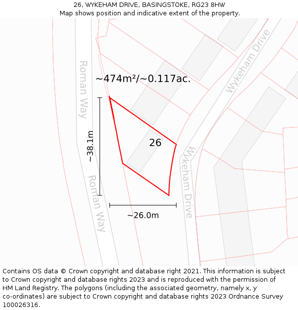 26, WYKEHAM DRIVE, BASINGSTOKE, RG23 8HW: Plot and title map