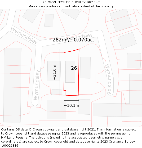 26, WYMUNDSLEY, CHORLEY, PR7 1UT: Plot and title map