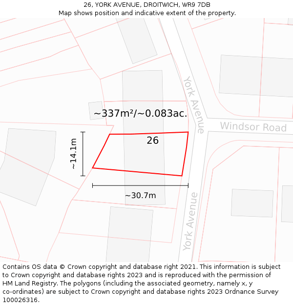 26, YORK AVENUE, DROITWICH, WR9 7DB: Plot and title map