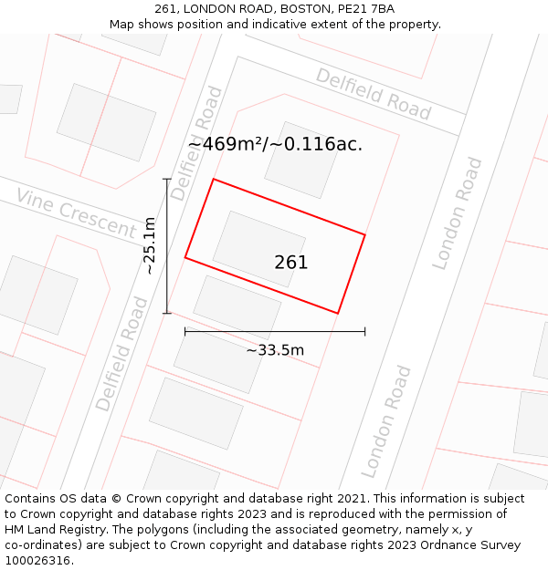 261, LONDON ROAD, BOSTON, PE21 7BA: Plot and title map