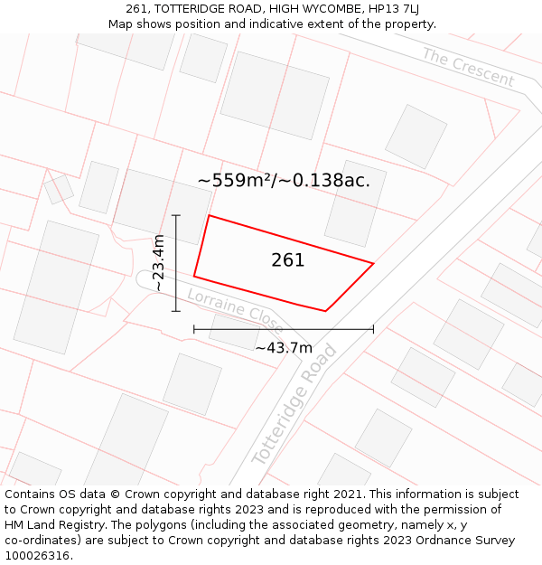 261, TOTTERIDGE ROAD, HIGH WYCOMBE, HP13 7LJ: Plot and title map