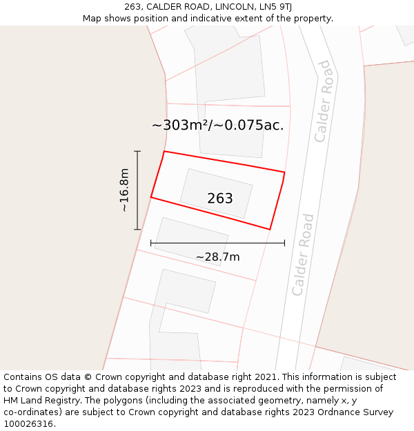 263, CALDER ROAD, LINCOLN, LN5 9TJ: Plot and title map
