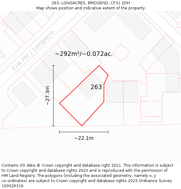 263, LONGACRES, BRIDGEND, CF31 2DH: Plot and title map