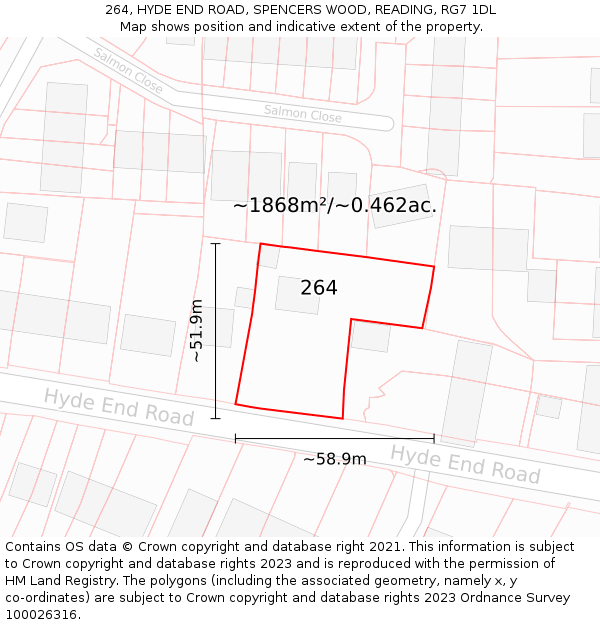 264, HYDE END ROAD, SPENCERS WOOD, READING, RG7 1DL: Plot and title map