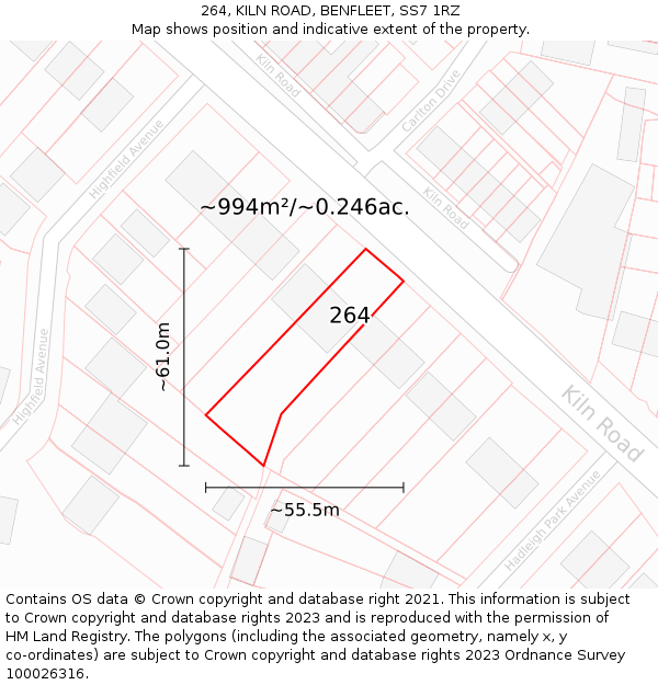264, KILN ROAD, BENFLEET, SS7 1RZ: Plot and title map
