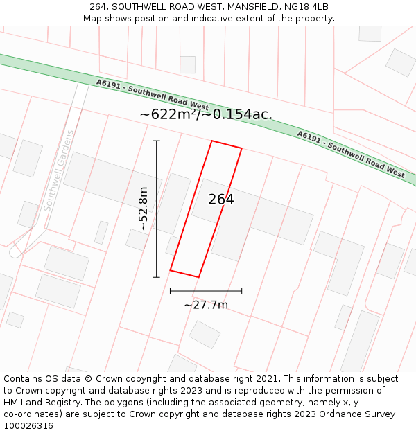 264, SOUTHWELL ROAD WEST, MANSFIELD, NG18 4LB: Plot and title map