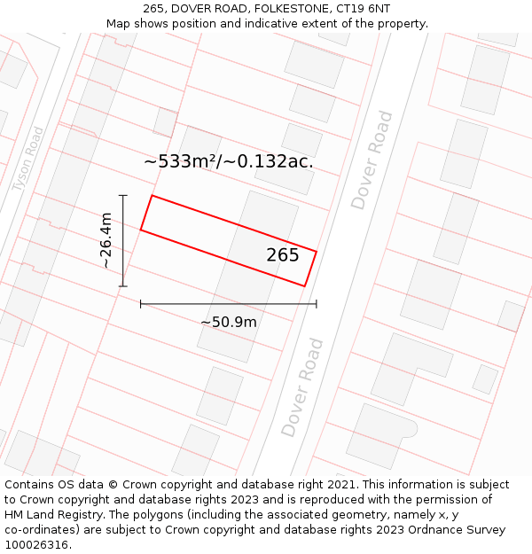 265, DOVER ROAD, FOLKESTONE, CT19 6NT: Plot and title map