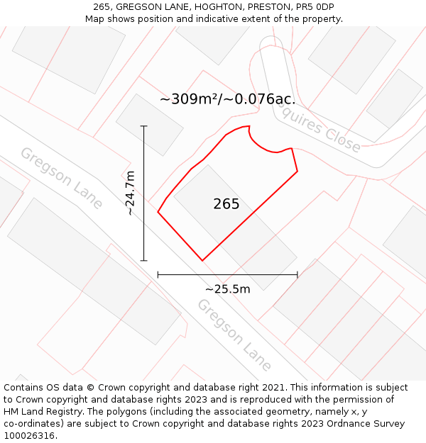 265, GREGSON LANE, HOGHTON, PRESTON, PR5 0DP: Plot and title map