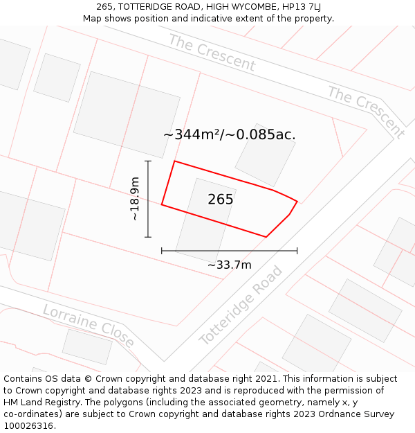 265, TOTTERIDGE ROAD, HIGH WYCOMBE, HP13 7LJ: Plot and title map