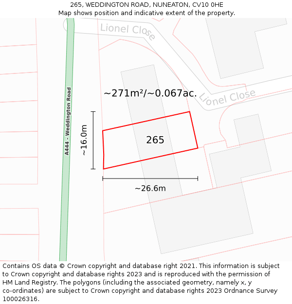265, WEDDINGTON ROAD, NUNEATON, CV10 0HE: Plot and title map