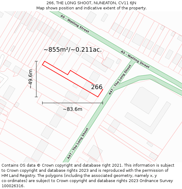 266, THE LONG SHOOT, NUNEATON, CV11 6JN: Plot and title map