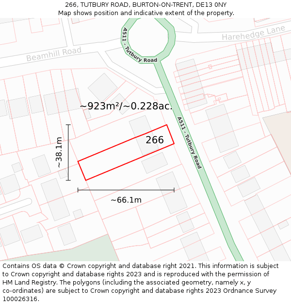 266, TUTBURY ROAD, BURTON-ON-TRENT, DE13 0NY: Plot and title map