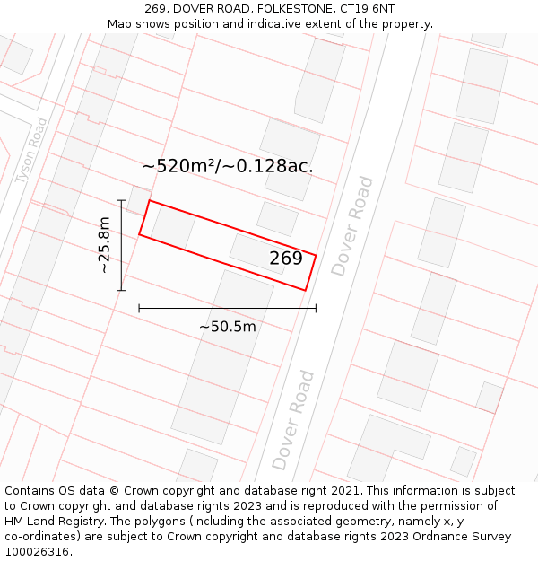 269, DOVER ROAD, FOLKESTONE, CT19 6NT: Plot and title map