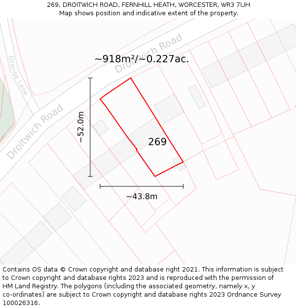 269, DROITWICH ROAD, FERNHILL HEATH, WORCESTER, WR3 7UH: Plot and title map