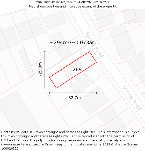 269, SPRING ROAD, SOUTHAMPTON, SO19 2NZ: Plot and title map