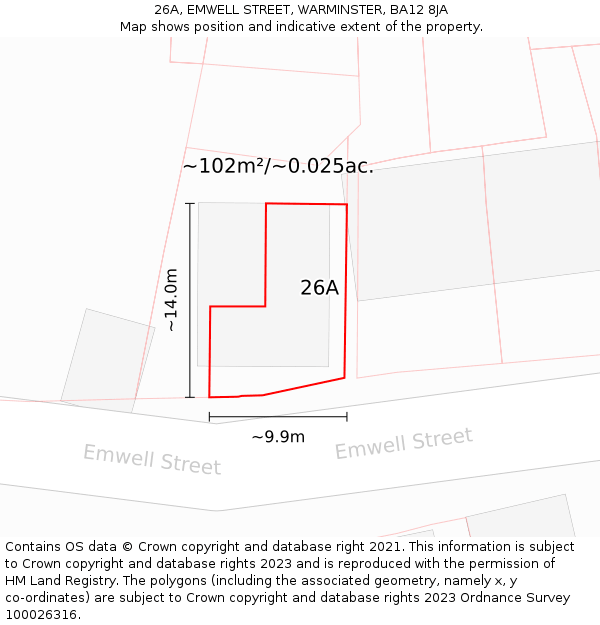 26A, EMWELL STREET, WARMINSTER, BA12 8JA: Plot and title map