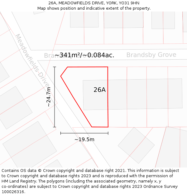 26A, MEADOWFIELDS DRIVE, YORK, YO31 9HN: Plot and title map