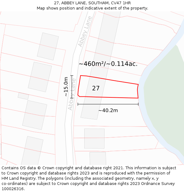 27, ABBEY LANE, SOUTHAM, CV47 1HR: Plot and title map