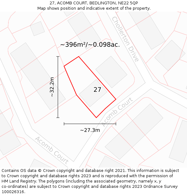 27, ACOMB COURT, BEDLINGTON, NE22 5QP: Plot and title map