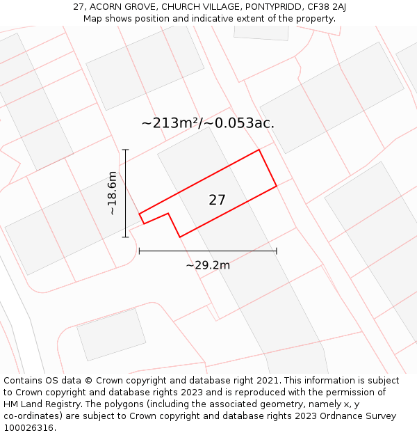 27, ACORN GROVE, CHURCH VILLAGE, PONTYPRIDD, CF38 2AJ: Plot and title map