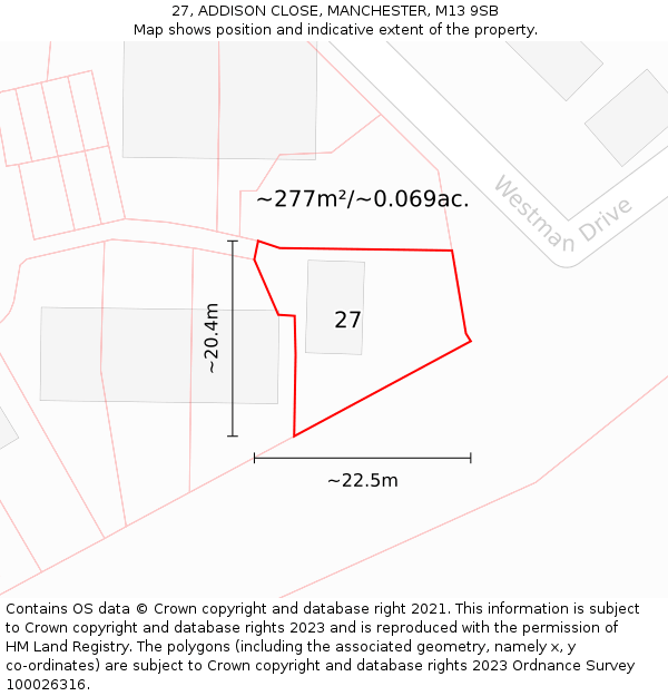 27, ADDISON CLOSE, MANCHESTER, M13 9SB: Plot and title map