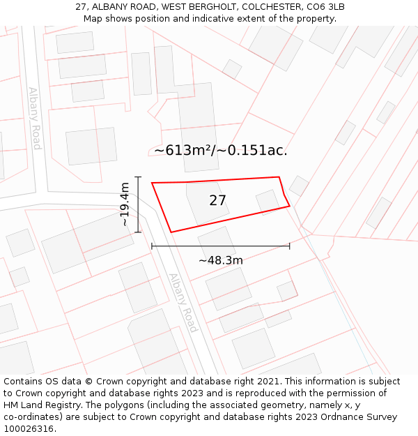 27, ALBANY ROAD, WEST BERGHOLT, COLCHESTER, CO6 3LB: Plot and title map