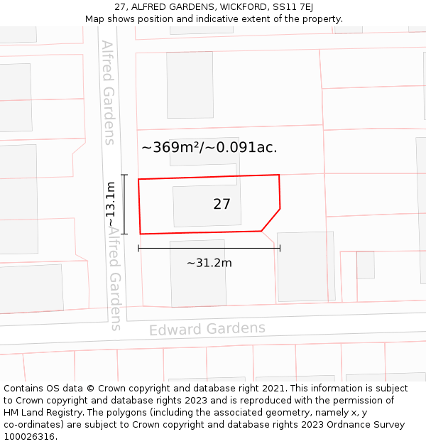 27, ALFRED GARDENS, WICKFORD, SS11 7EJ: Plot and title map