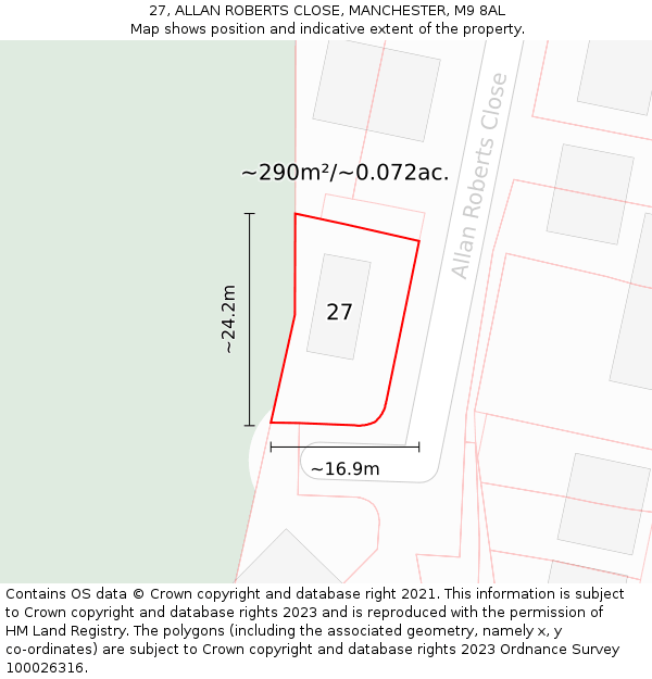 27, ALLAN ROBERTS CLOSE, MANCHESTER, M9 8AL: Plot and title map