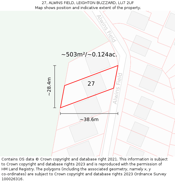 27, ALWINS FIELD, LEIGHTON BUZZARD, LU7 2UF: Plot and title map