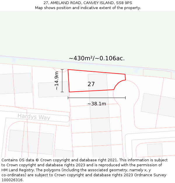 27, AMELAND ROAD, CANVEY ISLAND, SS8 9PS: Plot and title map