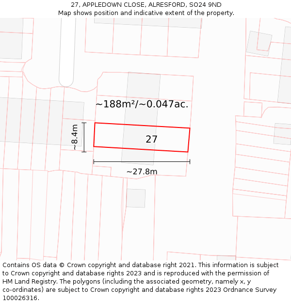 27, APPLEDOWN CLOSE, ALRESFORD, SO24 9ND: Plot and title map