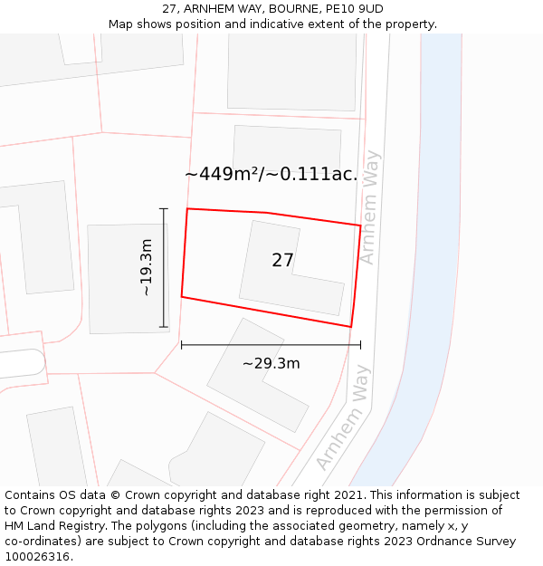 27, ARNHEM WAY, BOURNE, PE10 9UD: Plot and title map