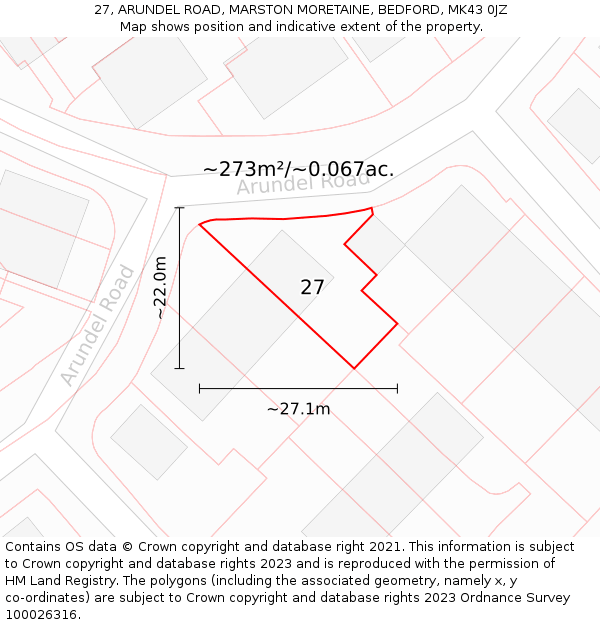 27, ARUNDEL ROAD, MARSTON MORETAINE, BEDFORD, MK43 0JZ: Plot and title map